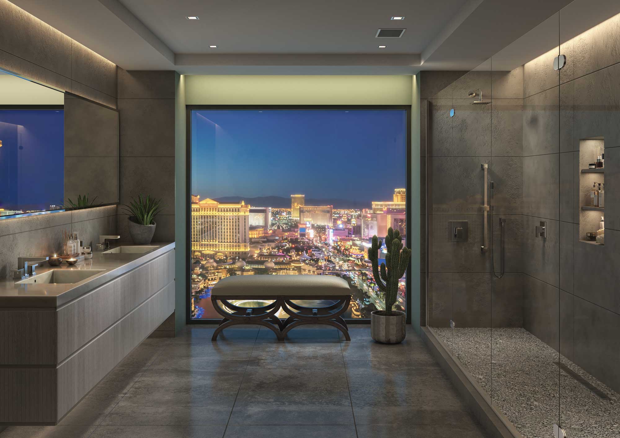 A modern bathroom featuring a large window showcasing vibrant city lights at night.