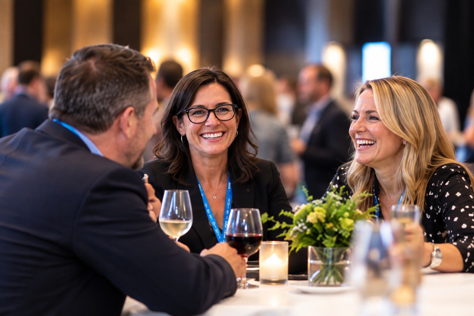 Members sharing a laugh over dinner